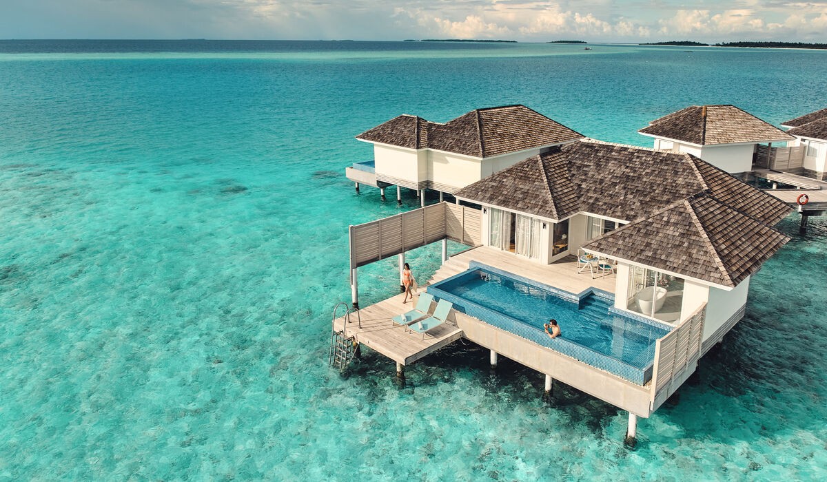 Aerial of aqua pool villa at Kandima Maldives